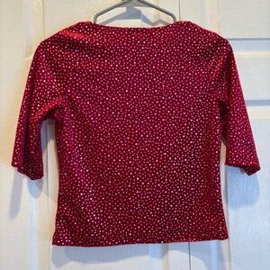 Vintage Red and Silver Polka Dot Velvet 3/4 Length Sleeve Shirt - Size Large